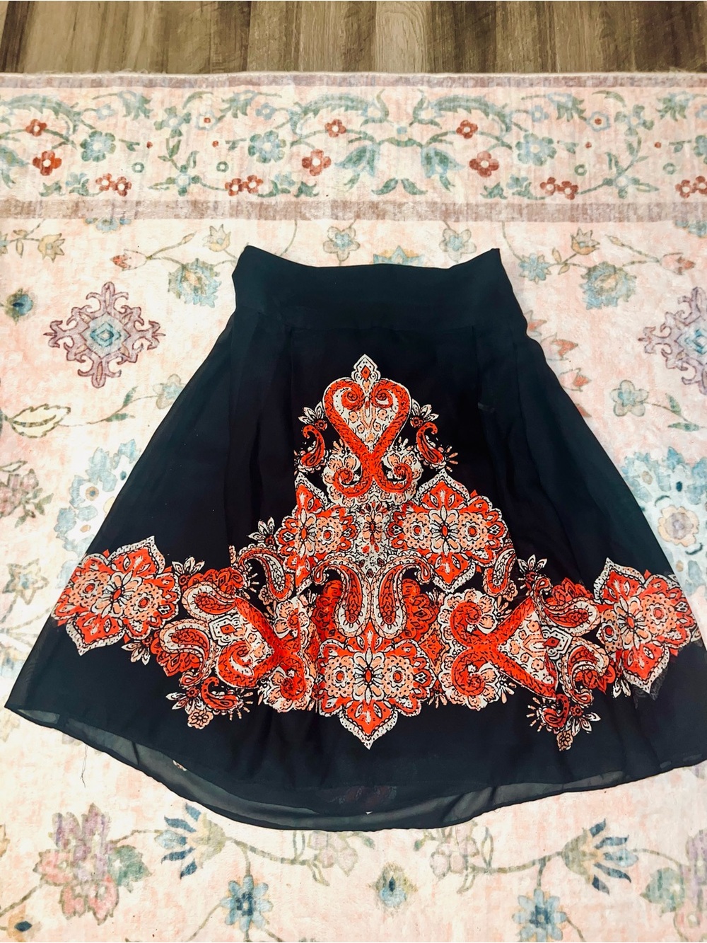 Vintage Embroidered Black A-Line Skirt with Red Paisley Motif